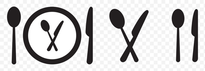 Fork, spoon, knife and plate. Menu symbol. Tableware instruments. Restaurant icon. Food, plate, fork, knife, spoon, cutlery icon set on Transparent Background. EPS 10.