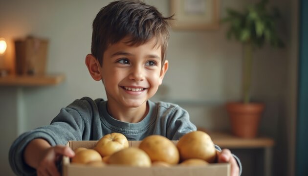 Smiling boy holds food box. Child looks happy, receives potato donation, assistance. Humanitarian aid, child support, food bank, concept of giving help. Kindness and support for kids.