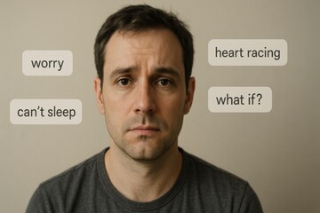 A worried man with floating thoughts like “worry”, “can’t sleep”, and “what if?” shows symptoms of anxiety and sleep disorder.