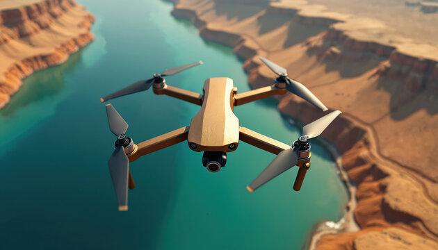 Drone technology for remote sensing over canyon terrain, blue water river. Aerial drone imagery, geographic survey, innovative tech. Concept of exploration, mapping, geology, ecology, environmental
