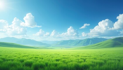 Panoramic natural landscape features green grass field under blue sky with fluffy white clouds. Gentle rolling hills, mountains create scenic background. Ideal for nature travel blogs, eco