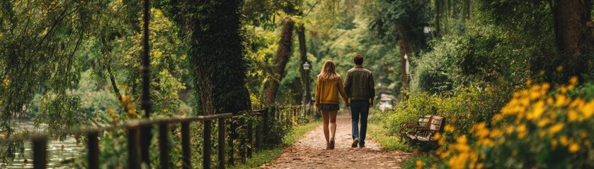 Obraz premium Capture the essence of love, LGBTQ+ couple walking in a park