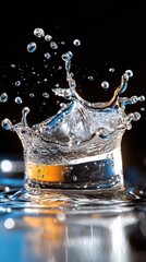 A splash of clear water forms a dynamic crown with droplets captured in mid-air against a dark dramatic background.