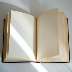 Open book on a white background with sun rays across pages, minimalistic top view