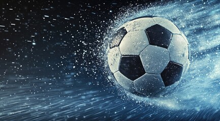 Fototapeta premium Soccer ball in motion, surrounded by water/ice-like effects