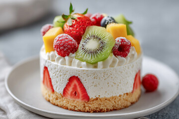  A delightful fruit cake topped with vibrant strawberries, kiwi, and raspberries, elegantly presented, perfect for any celebration or gathering.