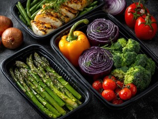 Craft a delicious yet nutritious meal prep featuring fresh produce, captured from above