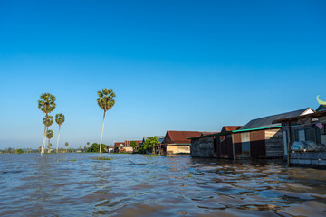 Traditional floating houses of Bujis fishermen on Lake Tempe, Indonesia