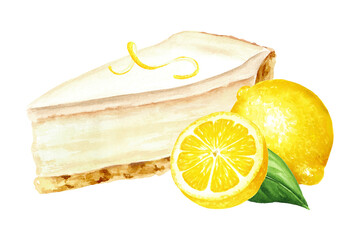 Sweet dessert, lemon cheesecake. Hand drawn watercolor illustration, isolated on white background