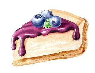 Sweet dessert, pie, blueberry cheesecake with fruit topping. Hand drawn watercolor illustration, isolated on white background