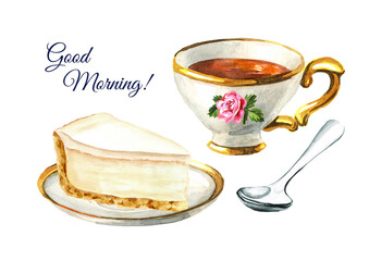 Sweet cheesecake and cup of tea. Greeting card. Watercolor hand drawn illustration isolated on white background