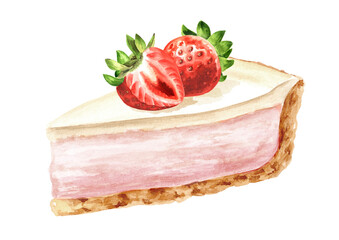 Sweet dessert, strawberry cheesecake. Hand drawn watercolor illustration isolated on white background
