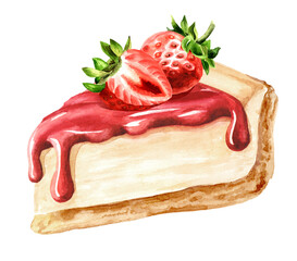 Sweet dessert, pie, strawberry cheesecake with fruit topping. Hand drawn watercolor illustration, isolated on white background