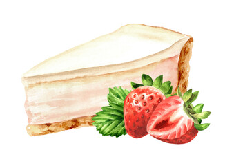 Sweet dessert, strawberry cheesecake. Hand drawn watercolor illustration, isolated on white background