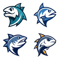 Obraz premium Collection of four stylized fish heads with sharp teeth and aggressive expressions in various colors