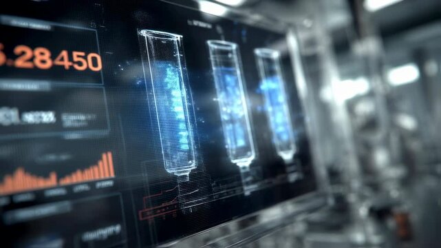 Sophisticated laboratory equipment analyzes liquid samples in test tubes, displaying real time data on a transparent digital screen, suggesting advancements in scientific research and analysis - Powered by Adobe