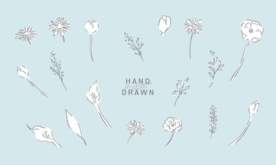 草木のベクター線画。草木と花のシンプル線画イラスト。植物のイラスト。Vector line drawing of grass and trees. Simple line drawing illustration of plants and flowers. Illustration of plants.
