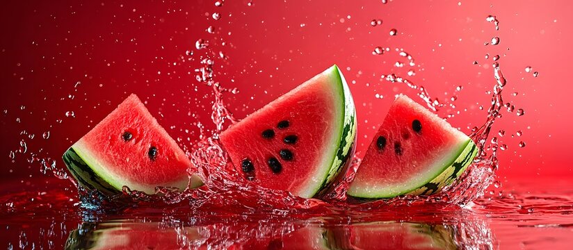 Fresh watermelon slice splashing in water against a vibrant red background