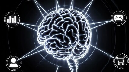 Human brain connected to digital icons representing e commerce and communication - Powered by Adobe