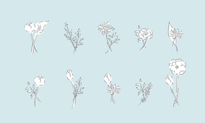 草木のベクター線画。草木と花のシンプル線画イラスト。植物のイラスト。Vector line drawing of grass and trees. Simple line drawing illustration of plants and flowers. Illustration of plants.