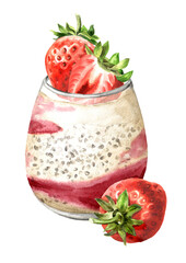 Chia pudding with strawberries. Healthy nutrition concept. Watercolor hand drawn illustration, isolated on white background