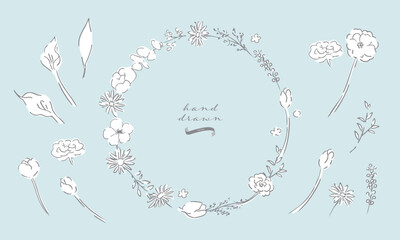 草木のベクター線画。草木と花のシンプル線画イラスト。植物のイラスト。Vector line drawing of grass and trees. Simple line drawing illustration of plants and flowers. Illustration of plants.
