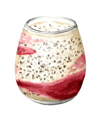 Chia pudding. Healthy nutrition concept. Watercolor hand drawn illustration, isolated on white background