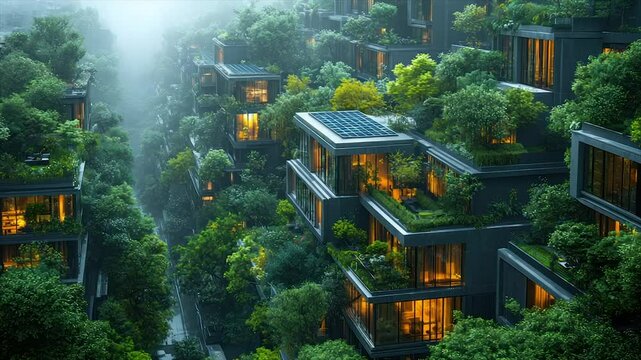 Lush, green, vertical buildings integrated with nature, illuminated at night