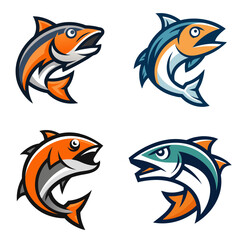 Fototapeta premium Four stylized fish with open mouths in various colors arranged on a white background image design