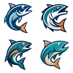 Obraz premium Four stylized fish illustrations with varying color schemes and dynamic poses on a white background