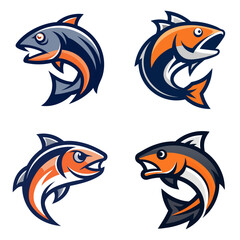 Fototapeta premium Illustration of four stylized jumping fish with open mouths in orange and blue colors on a white background