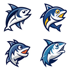 Obraz premium Collection of four cartoon fish illustrations with varying expressions and poses on a white background