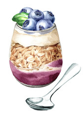 Granola with blueberry, greek yogurt and jam in the jar. Healthy nutrition concept. Watercolor hand drawn illustration isolated on white background