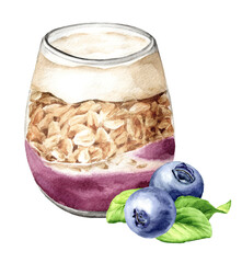Granola with blueberry, greek yogurt and jam in the jar. Healthy nutrition concept. Watercolor hand drawn illustration, isolated on white background