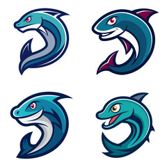 Fototapeta premium Cartoonish collection of four stylized fish or shark logos with varying colors and expressions designs