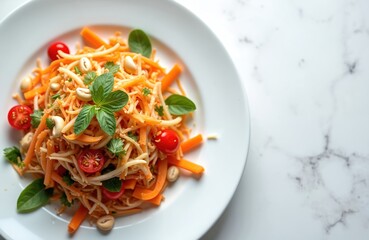 Top view of appetizing papaya salad on white plate. Traditional Asian street food dish made with fresh vegetables, spicy sauce, peanuts. Thai cuisine lunch, dinner recipe, ingredient background.