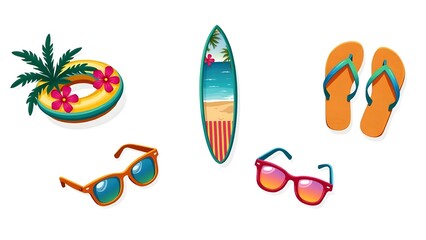 A collection of beach items including a surfboard, a pair of sunglasses, a pair of flip flops, and a summer float. 