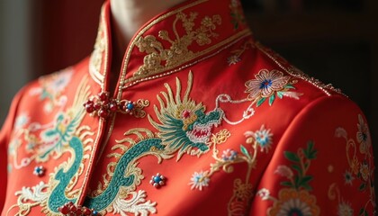 Naklejka premium Chinese bridal attire, red dress with ornate embroidery. Dragon and floral motifs detailed on wedding gown, traditional culture symbol. Rich colors capture cultural elegance.