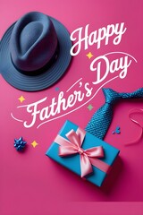 A blue hat and a blue tie are on a pink background. The hat is on the left side of the image and the tie is on the right side. The image is titled "Happy Father's Day" and the text is in blue.