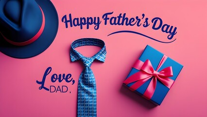A blue hat and a blue tie are on a pink background. The hat is on the left side of the image and the tie is on the right side. The image is titled "Happy Father's Day" and the text is in blue. 