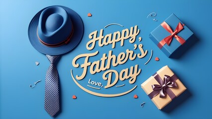 A hat and tie are on a blue background with the words Happy Father's Day. 