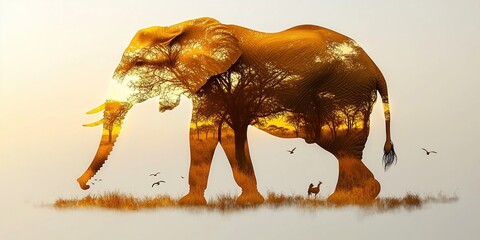 Fototapeta premium Double exposure of African elephant overlapping with savanna grassland