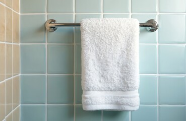 Fluffy white towel hangs on chrome rack against beige light blue tiled wall in clean bathroom. Modern minimalistic design. Spa, resort theme, home decor. Nobody, clean space, pastel colors, accessory.