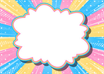 サンバーストとフレームの背景、集中線とキラキラのデコレーション、ポップなデザイン、雲型のフレーム