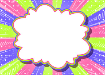 サンバーストとフレームの背景、集中線とキラキラのデコレーション、ポップなデザイン、雲型のフレーム