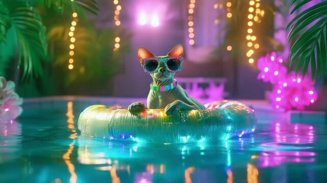 A cool cat in sunglasses floating on a shiny tube in a neon-lit swimming pool. Summer party concept with animal enjoying vacation.