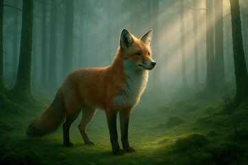 Obraz premium Red Fox Standing in Misty Forest with Sunbeams