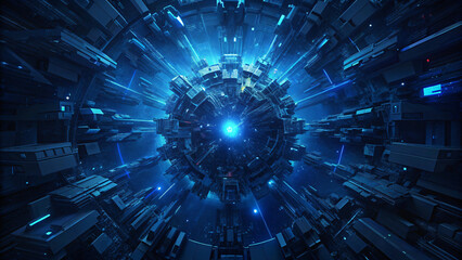 Abstract tech fractal realms with blue light grid pattern geometry