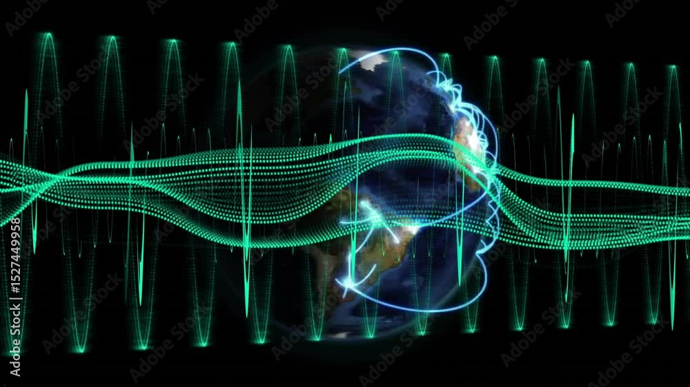 Poster blue dots appearing on rotating 3d globe while neon green waveform pulsing visualizing data flow
