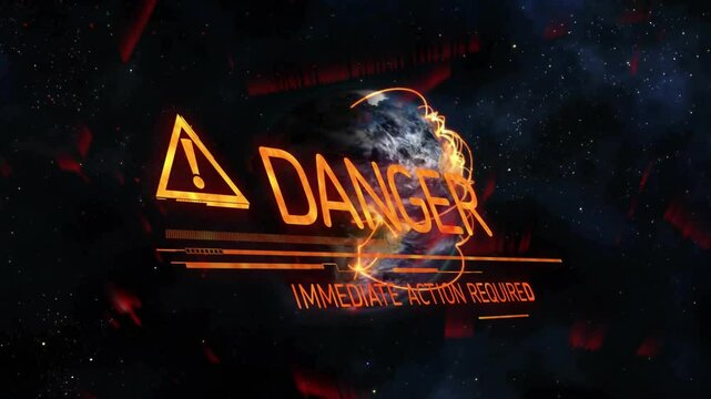 3D Earth appearing starting HUD sliding, hazard icon fading, swirls orbiting, urgent alert updating